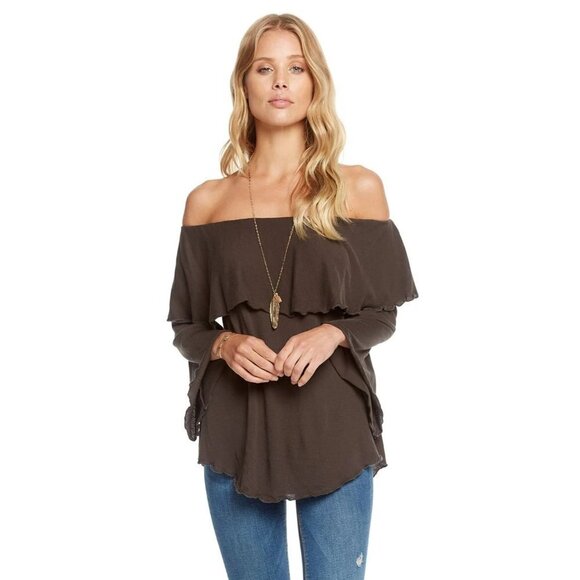 Chaser Womens Medium Gauzy Cotton Jersey Off Shoulder Shirttail Ruffle Top 1423 - Picture 1 of 8
